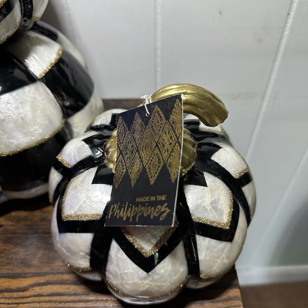 2 Black White Checkered Stacked Pumpkins Gold Stems Halloween Fall Topiary New - Picture 4 of 11